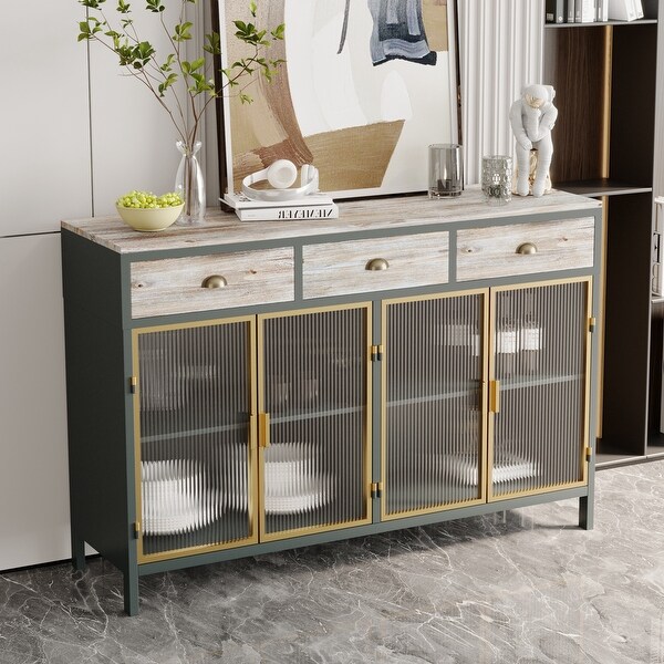 4 Glass Doors Modern Sideboard with 3 Top Drawers