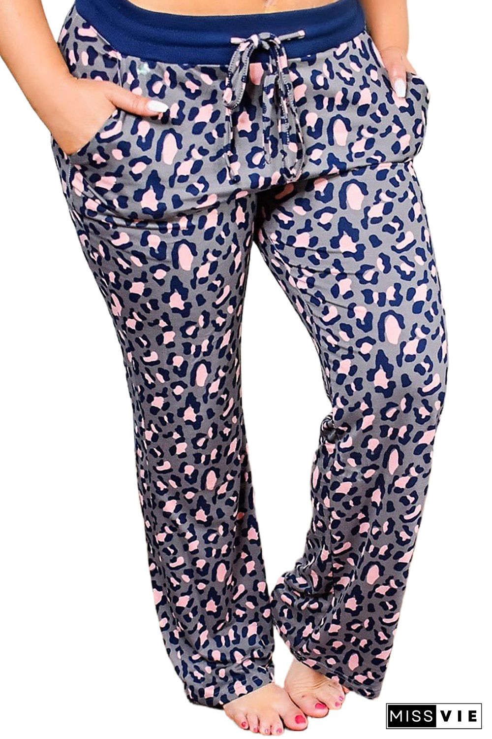 Leopard Print Solid Waistband Plus Size Pants