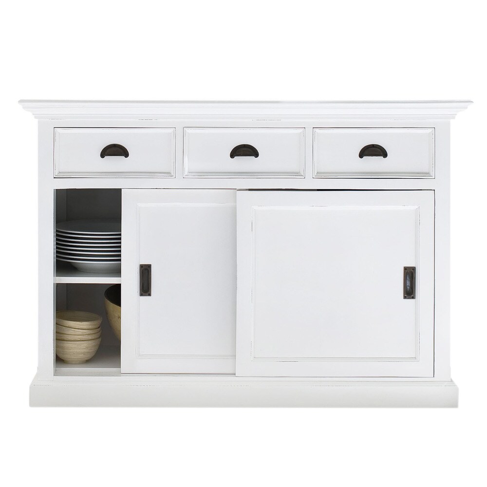 NovaSolo Halifax Coastal White Sideboard with Sliding Doors  Solid Mahogany Frame  49.21 x 19.69 x 33.46