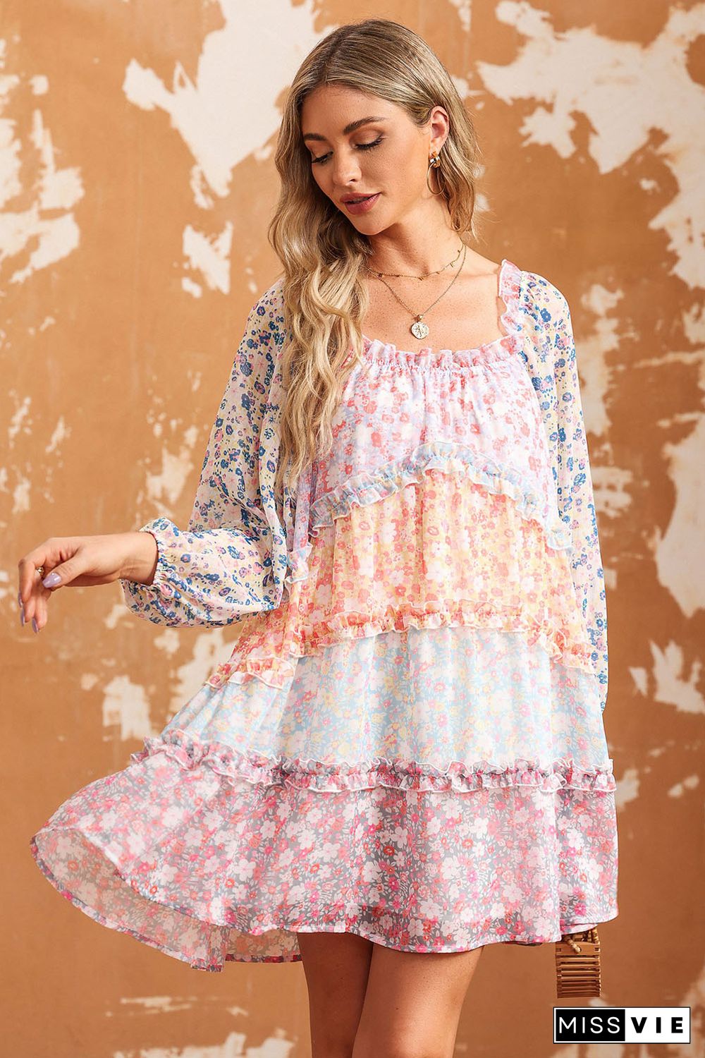 Sky Blue Floral Colorblock Tiered Puff Sleeve Dress