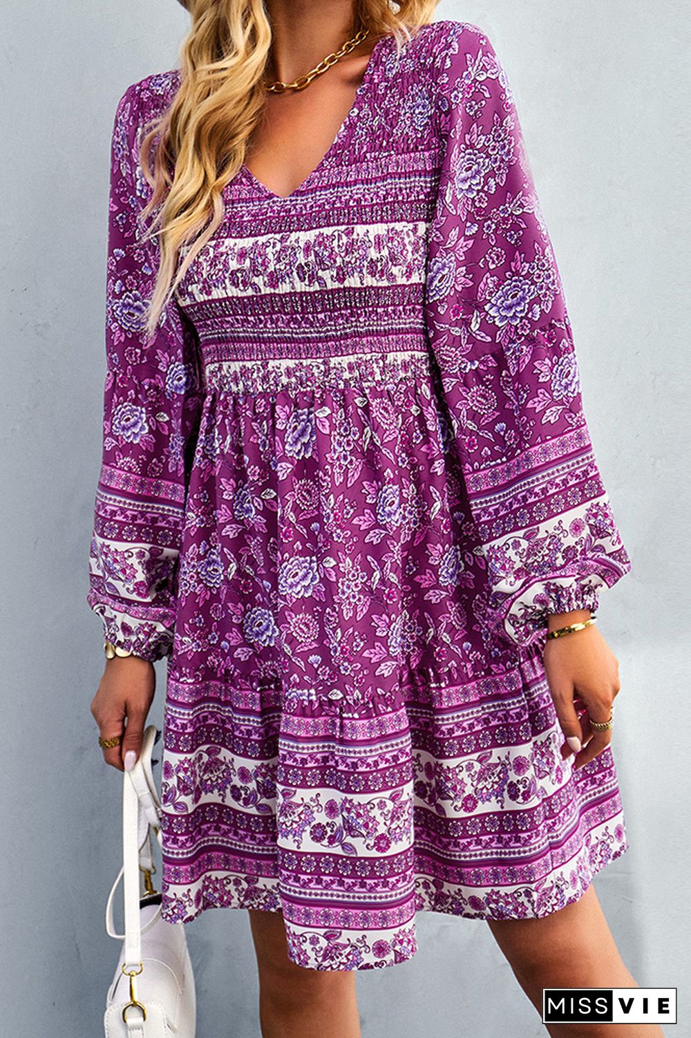 V Neck Smocked Boho Floral Long Sleeves Dress