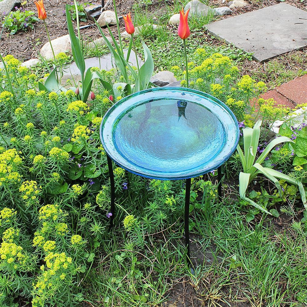 Achla Designs 12.5 in. Dia Teal Blue Reflective Crackle Glass Birdbath Bowl CGB-07T