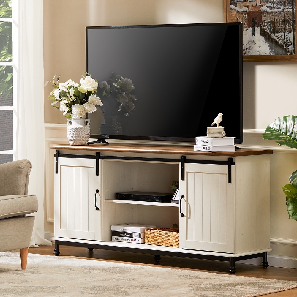 WAMPAT White Modern TV Stand Farmhouse Sliding Barn Door Console Table for TVs Up to 65\