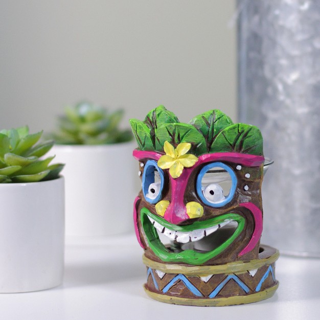 Smiling Tiki Mask With Yellow Flower Candle Holder