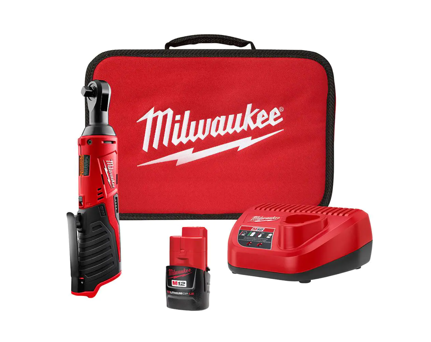 Milwaukee 2457-21 M12 12-Volt Lithium-Ion Cordless 3/8 in. Ratchet Kit with One 1.5 Ah Battery， Charger and Tool Bag