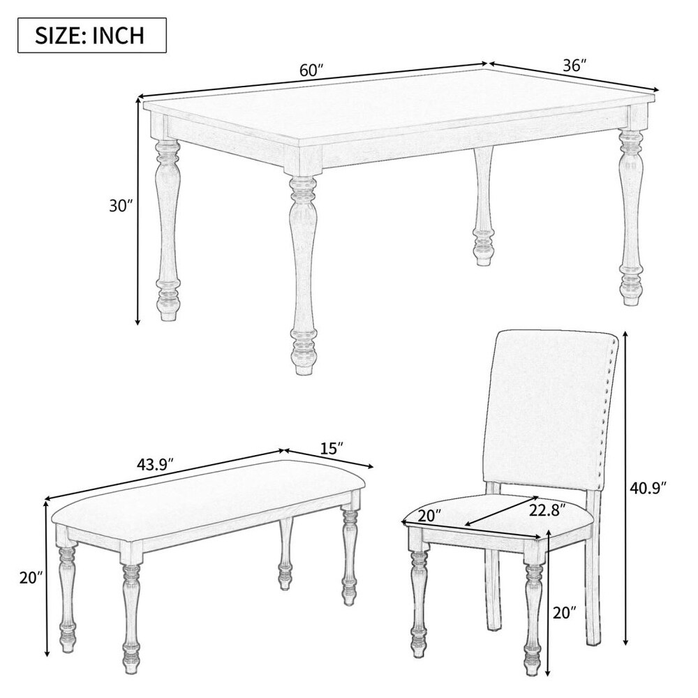 6 Piece Wood Dining Table Set with Turned Legs 4 Upholstered Chairs and Bench