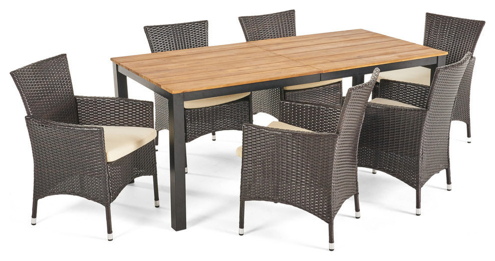 GDF Studio 7 Piece Teresa Outdoor Acacia Wood Dining Set With Wicker Chairs   Tropical   Outdoor Dining Sets   by GDFStudio  Houzz