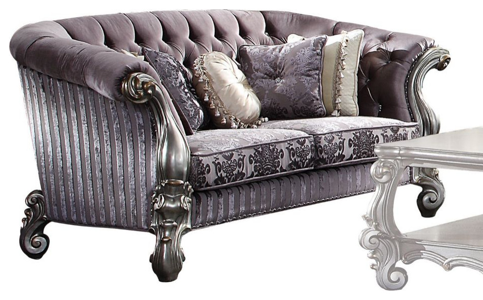 Acme Versailles Loveseat With 5 Pillows Velvet and Antique Platinum   Victorian   Loveseats   by AMOC  Houzz