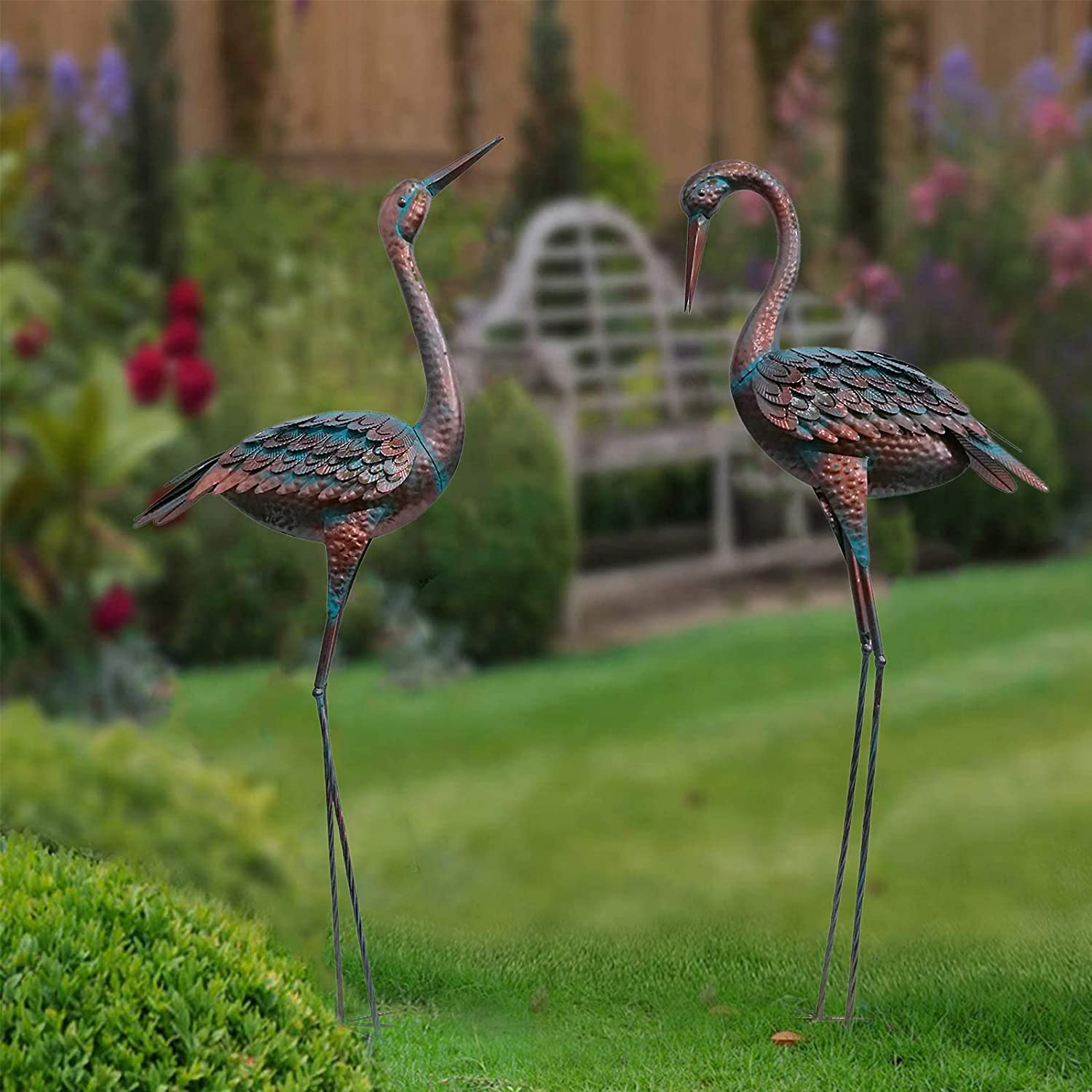 aboxoo Garden Crane Statue Decor ,Large Patina Heron Decoy and Standing Metal Sculptures Metal Outdoor Yard Art Statue for Lawn Patio Backyard Decoration, Set of 2