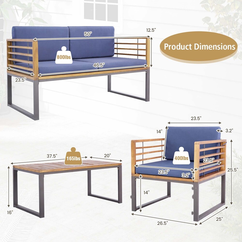 4pcs Patio Acacia Wood Chair Table Loveseat Cushioned Furniture Set