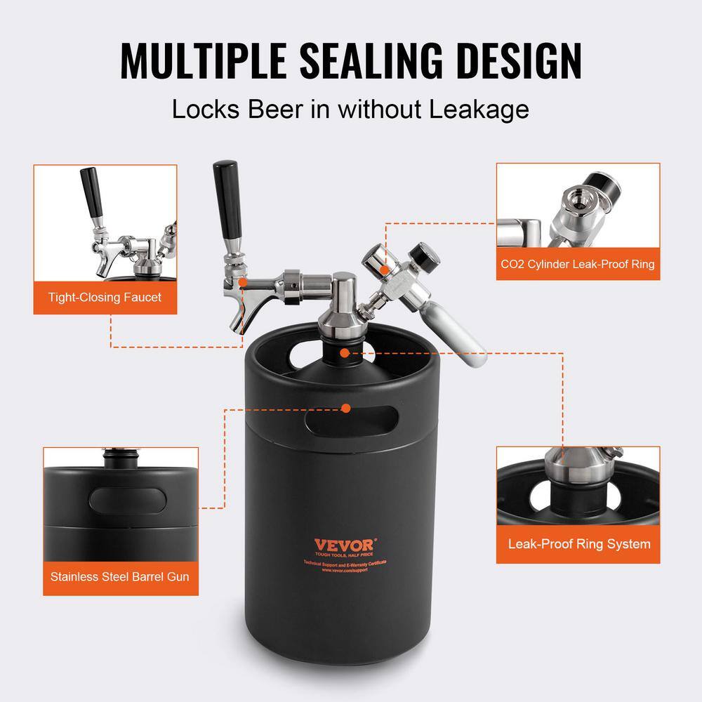 VEVOR Beer Growler Tap System 170 oz. 5L Mini Keg 304 Stainless Steel Pressurized Beer Growler with Pressure Display MNPJTHSY170OZOM8VV0