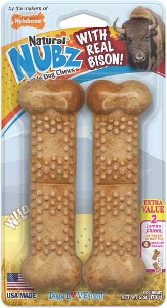 Nylabone Nubz WILD Natural Long Lasting Edible Bison Flavor Jumbo Dog Chew Treat， 2 count