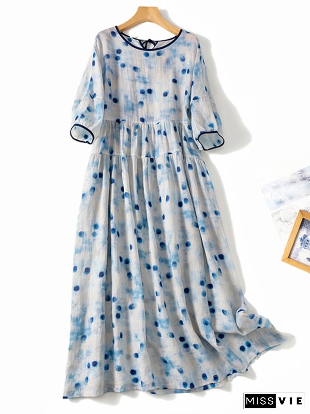 Cotton Linen Blue Polka Dot Printed Loose Dress