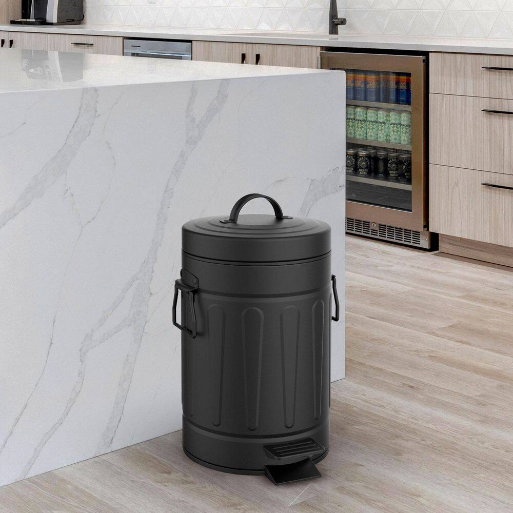 Innovaze 3.2 Gal.12-Liter and 0.8 Gal. 3-Liter Old Time New York Style Round Black Metal Step-on Trash Can Set MGCS-AP1802