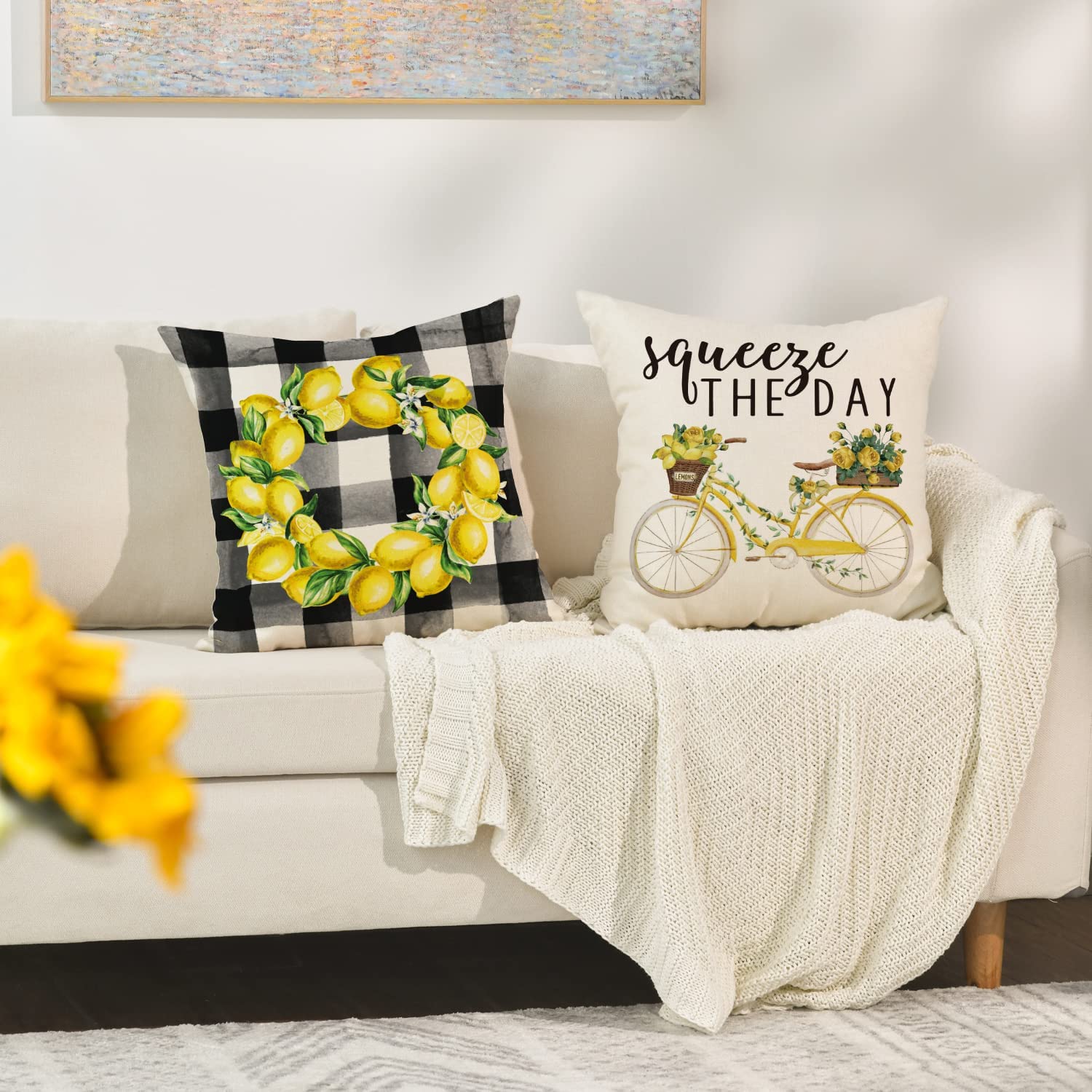 Artoid Mode Lemon Wreath Bicycle Hello Sunshine Buffalo Plaid Summer Pillow Covers 18 x 18 Set of 4, Farmhouse Cushion Case for Sofa Couch