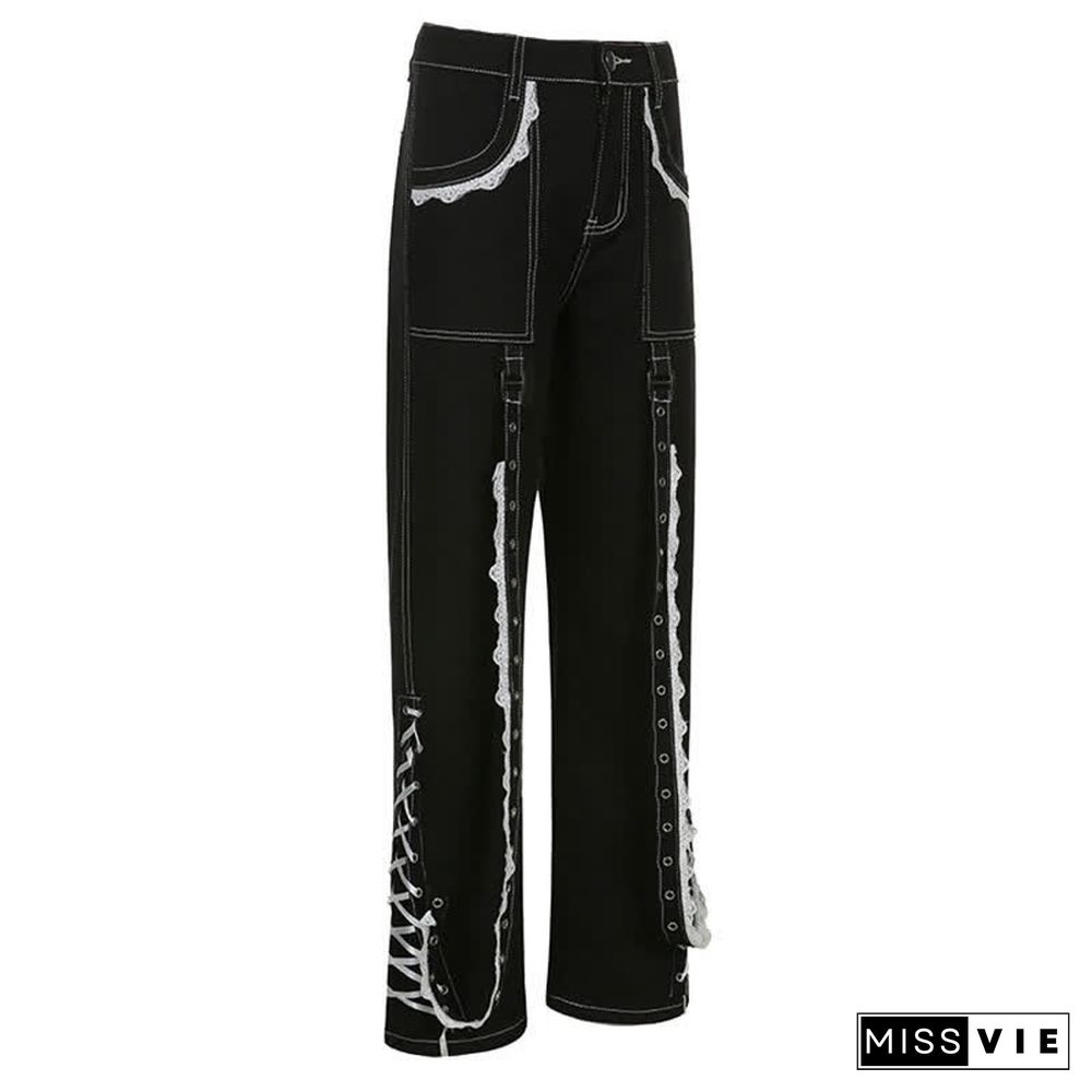 Gothic Bandage Lace Up Straight Baggy Denim  Pants