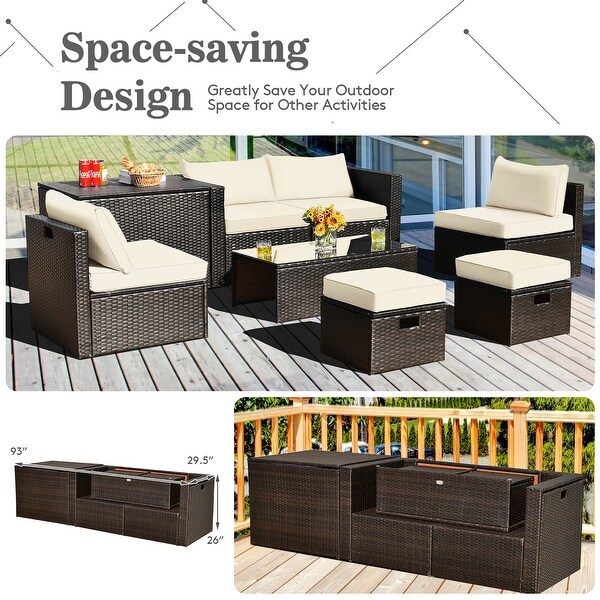 Costway 8PCS Patio Rattan Furniture Set SpaceSaving Storage Cushion