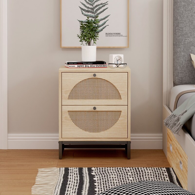 Rattan Decorated End Table with Storage  Natural Nightstand