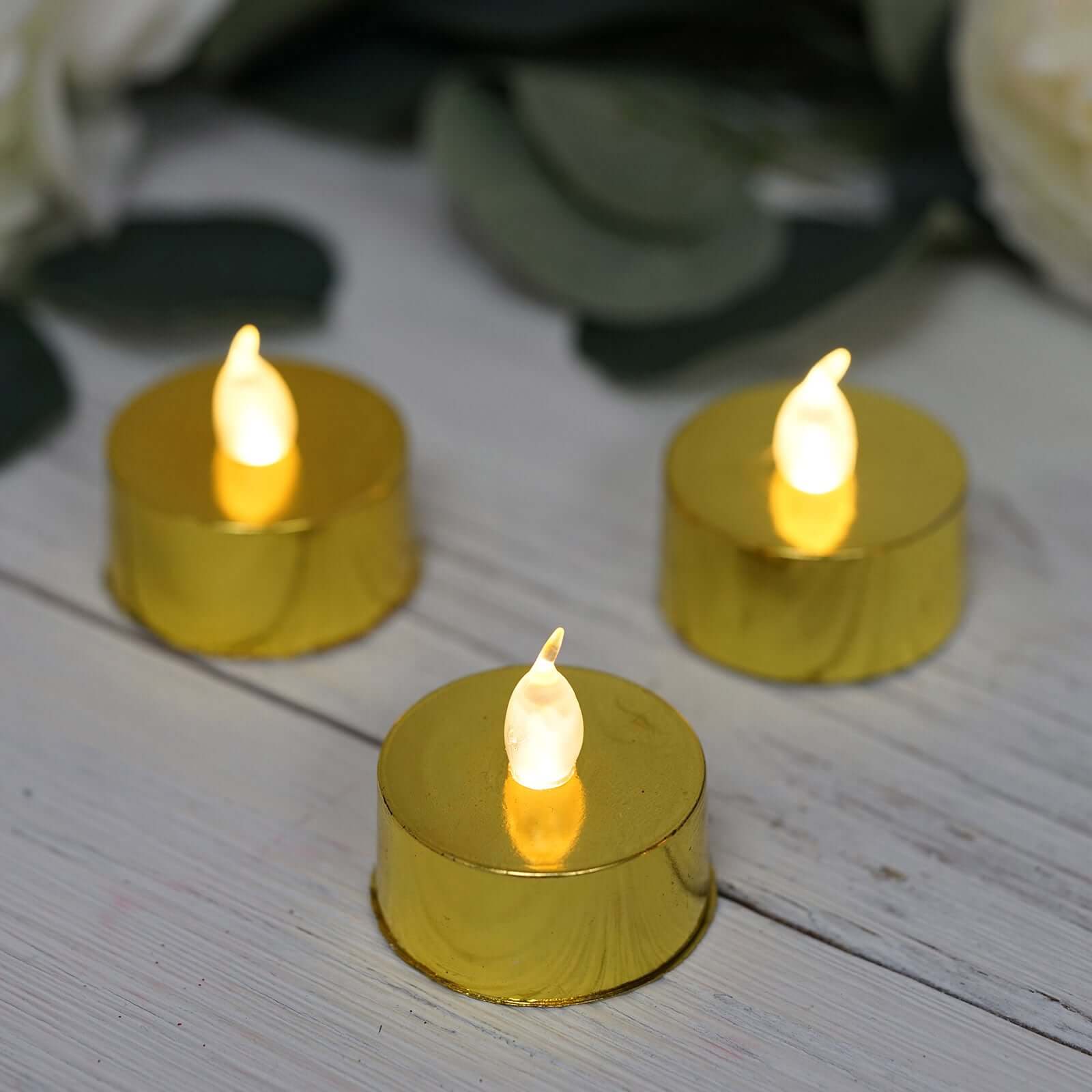 12 Pack Metallic Gold Flameless LED Tealight Candles, Battery Operated Reusable Candles