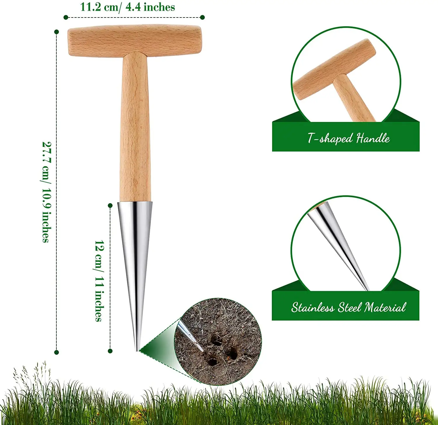 Wood Handed Stainless Steel Sow Dibber for Digging Seeding Transplanting Loose Soil