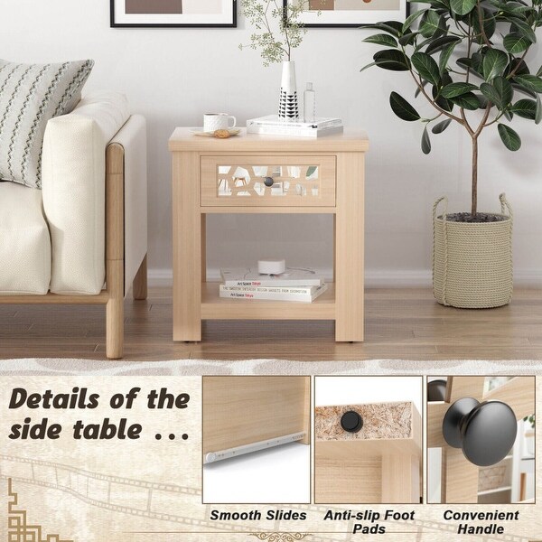 Wood Retro End Table with Mirrored Glass Drawer and Open Storage Shelf-Brown - 23.5