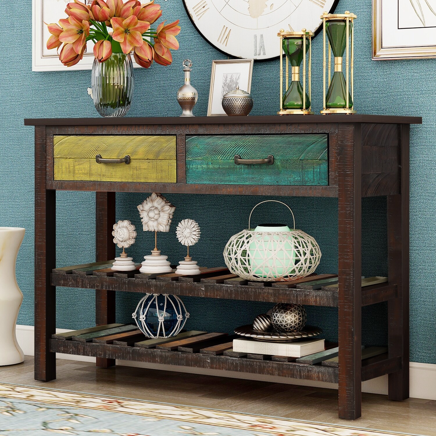 Solid Wood Console Table Side Table with 2 Drawers and 2 Open Shelves， Vintage Entryway Table with Exquisite Distressed Finish