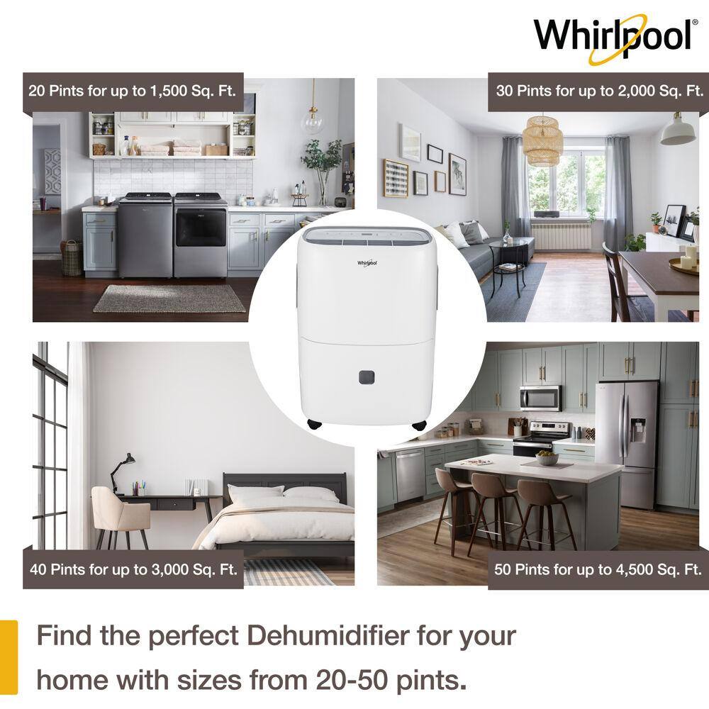 Whirlpool 30-Pint Portable Dehumidifier with 24-Hour Timer Auto Shut-Off Easy-Clean Filter Auto-Restart and Wheels WHAD301CW