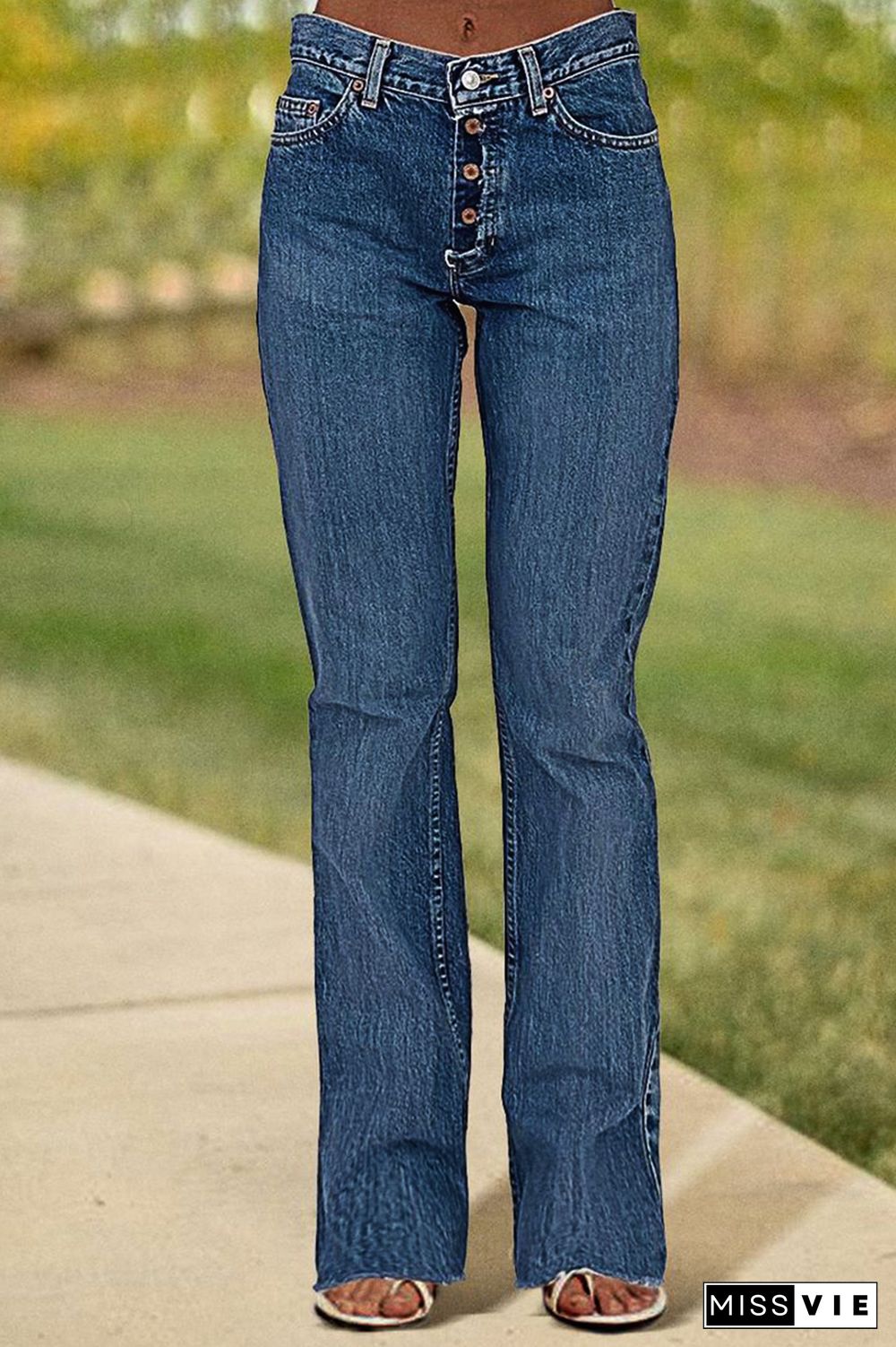 Button Fly Mid Waist Straight Leg Jeans