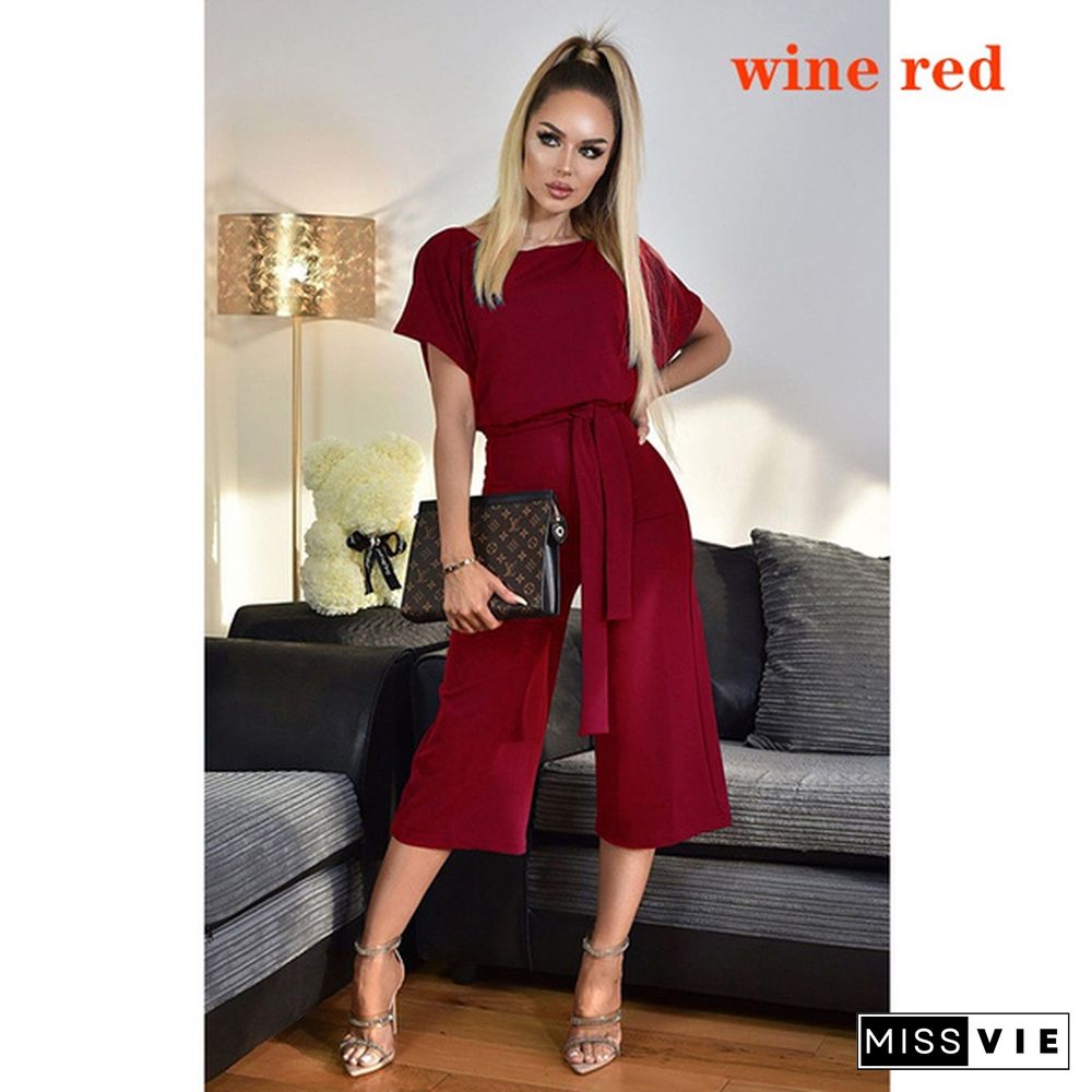 Women Casual Wide Leg Solid Color Business Wear Short Sleeve Jumpsuit