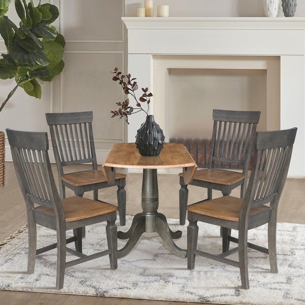 42 in. Round Dual Drop Leaf Dining Table with 4 Slatback Chairs - 5 Piece Set - Hickory/Washed Coal