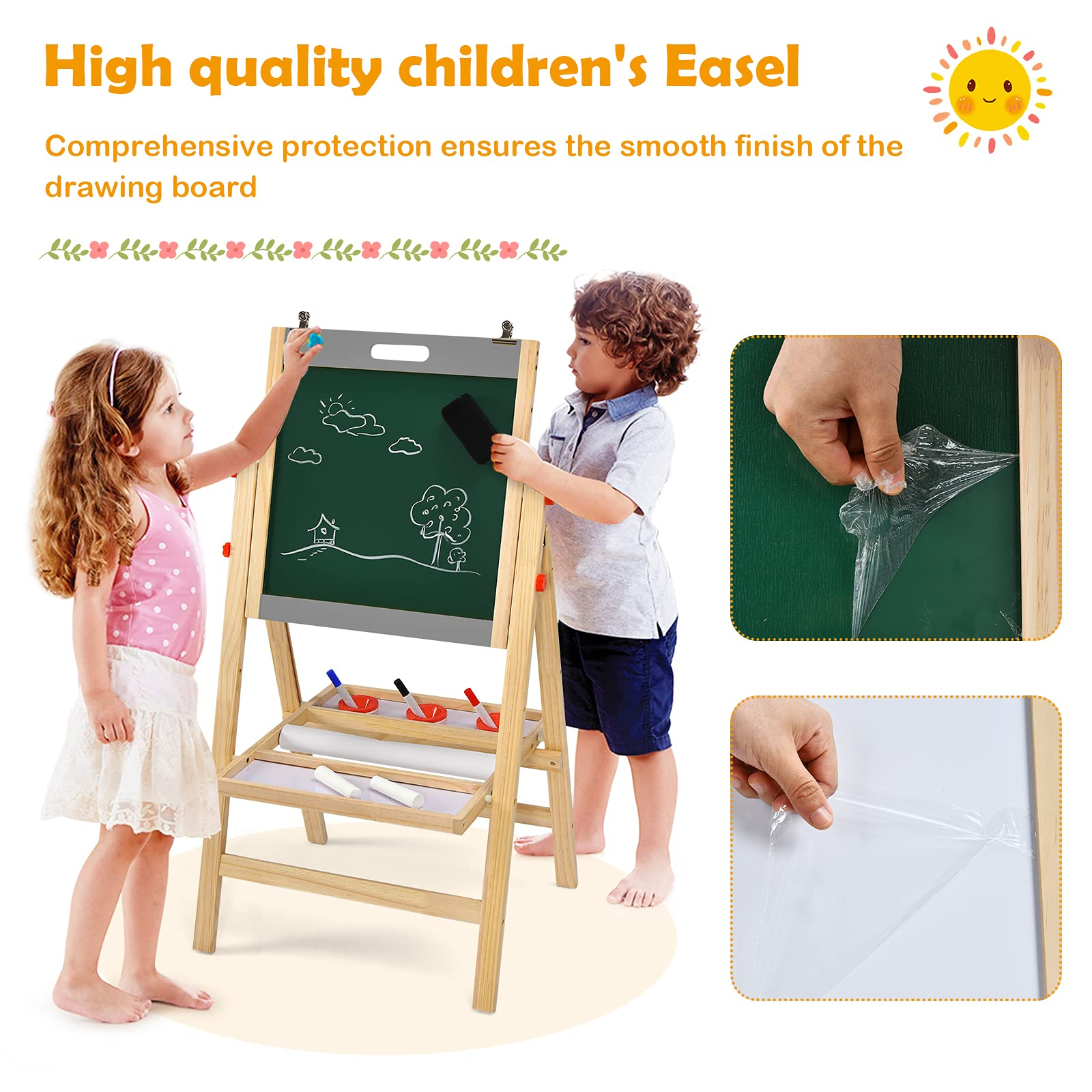 Costzon Art Easel for Kids, 3-in-1 Wooden Folding Toddler Easel Magnetic w/Paper Roll & Storage Tray (Nature)