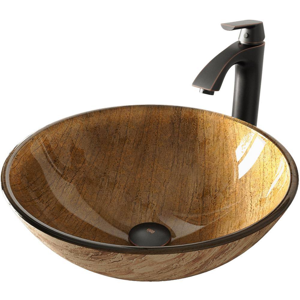 VIGO Glass Round Vessel Bathroom Sink in Wooden Brown with Linus Faucet and Pop-Up Drain in Antique Rubbed Bronze VGT391