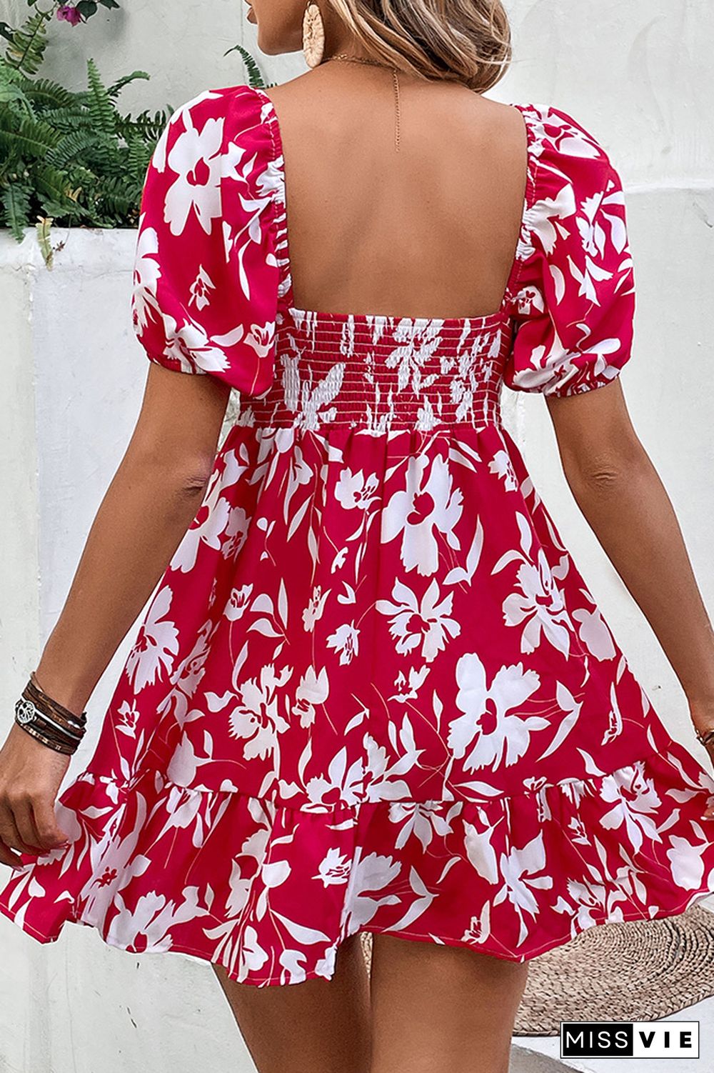 Red Squared Neck High Waist Floral Dress