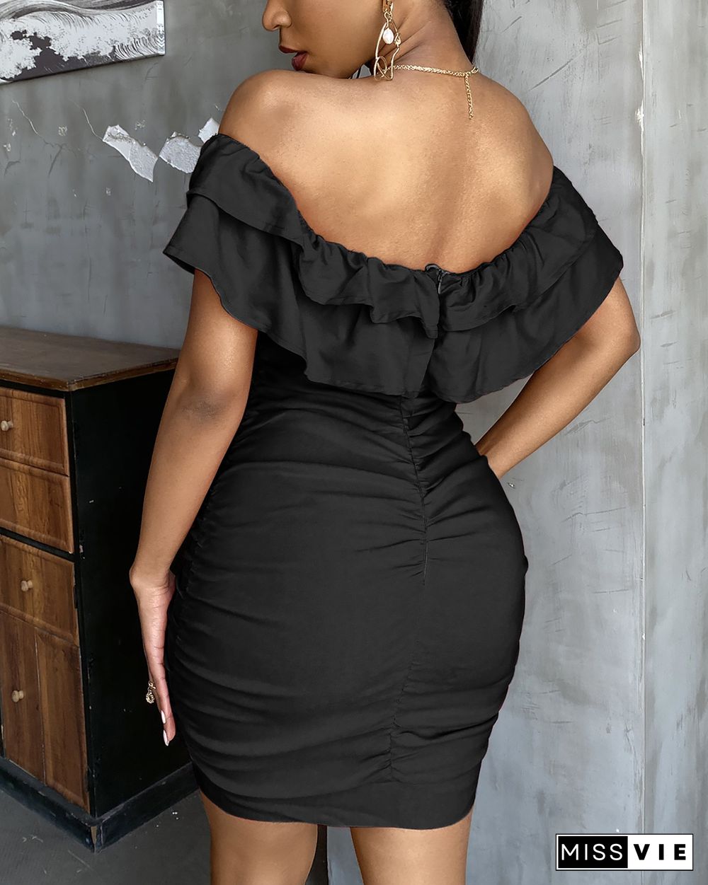 Off Shoulder Ruched Ruffles Bodycon Dress