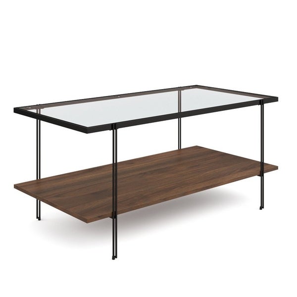 Asher Mid-Century Rectangle Coffee Table with Glass Top and Walnut Floating Shelf Black Metal Legs