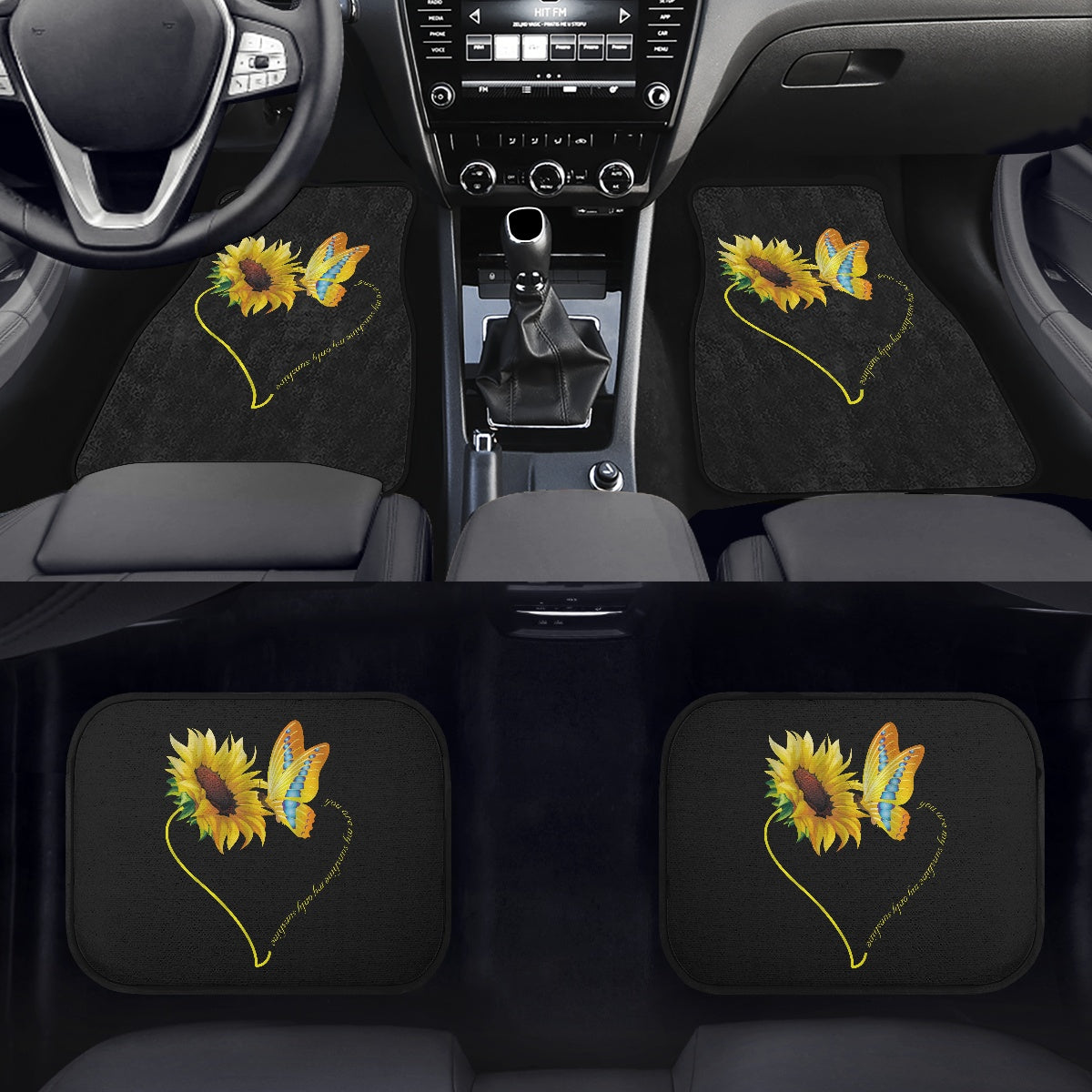 Xoenoiee Auto Carpet Sunflower and Butterfly in Heart Shape Design Universal Fit Car Floor Mats All Weather Protection Fit for Sedan， SUVs， Truck， Vans Set of 4， Black