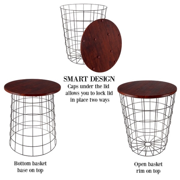 Nesting End Tables with Storage - Set of 2 Convertible Round Metal Storage Basket Base with Veneer Top - Accent Side Tables