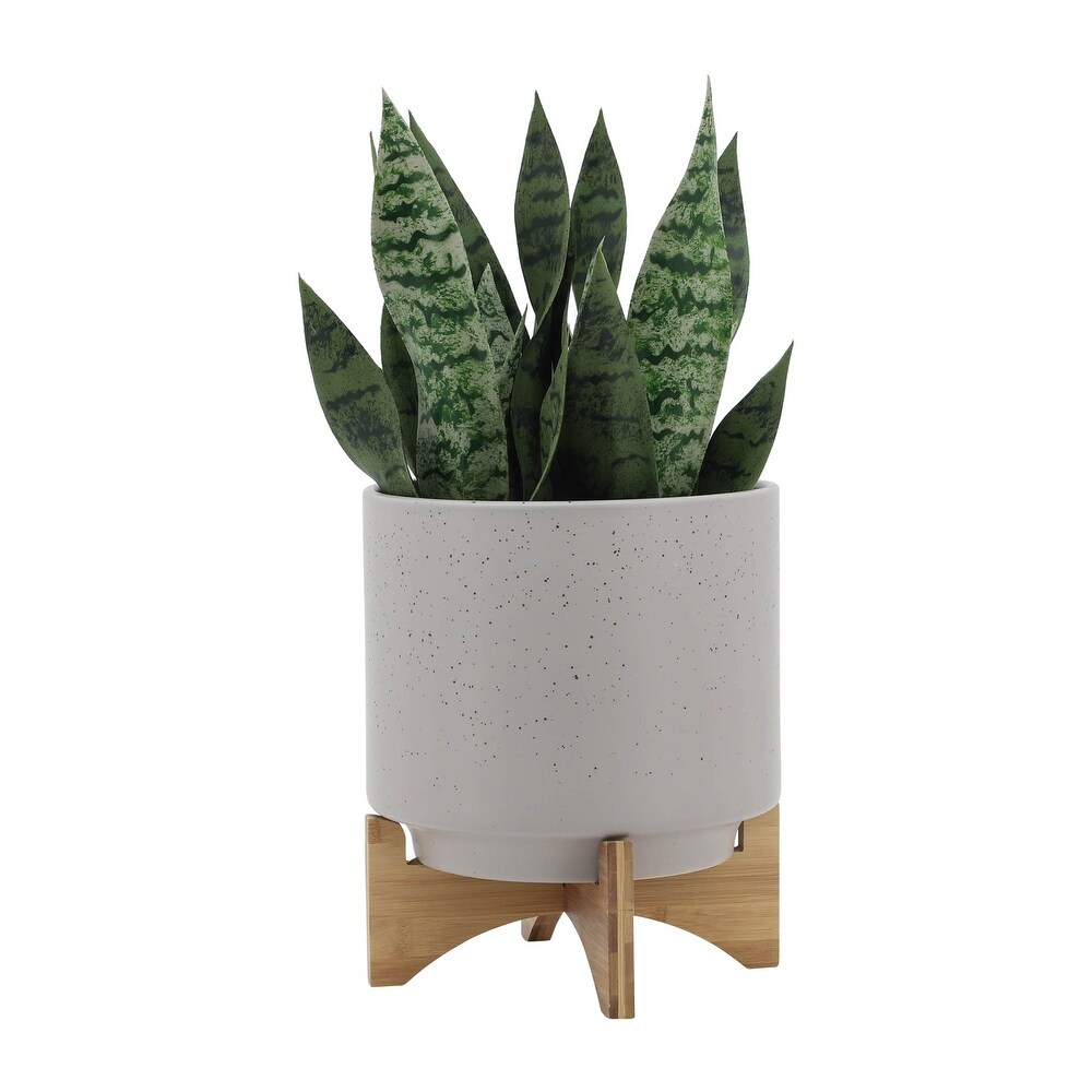 Matte Beige Grey Handmade Planter with Natural Wood Stand