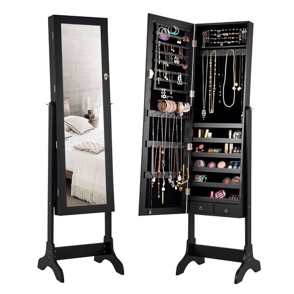 Costway Mirrored Jewelry Cabinet Storage Organizer Box Drawers Black - - 23038813