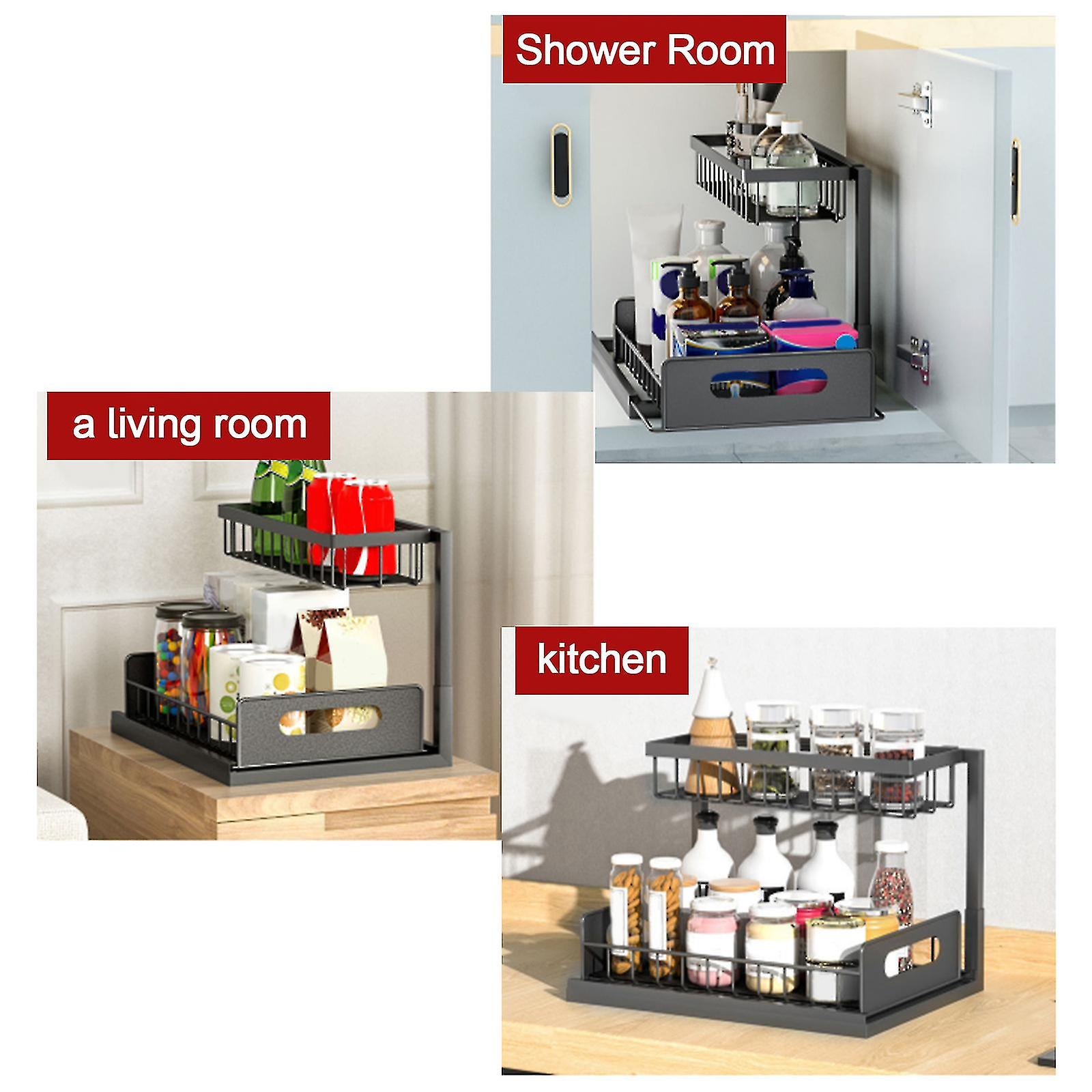 Bathroom Organizer Under Sink With Sliding Storage Drawer，2-tier Pull Out Kitchen Cabinet Sink Shelf