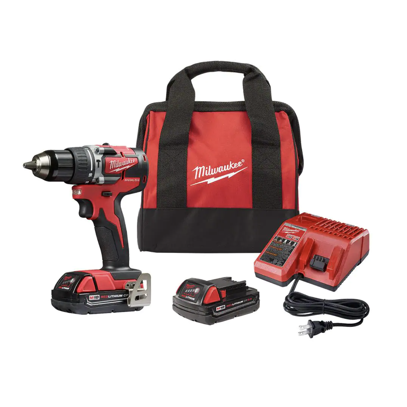 Milwaukee M18 18V Lithium-Ion Brushless Cordless 1/2 in. Compact Hammer Drill/Driver Kit with 2 Batteries， Charger and Case (2802-22CT)