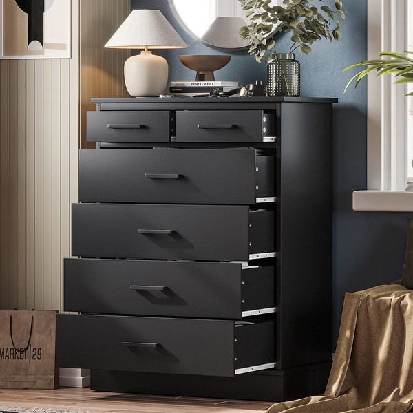 6 Drawer Dresser， Wood Storage Tower Clothes Organizer， Black Chest of 6 Drawers， Large Storage Cabinet - as picture - - 37668791