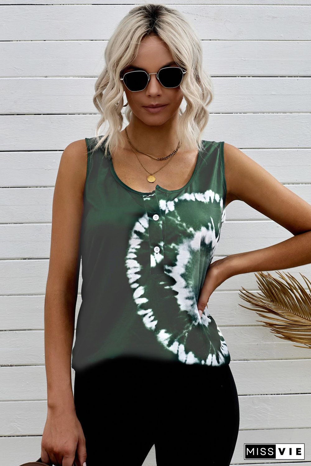 Dark Green Tie-dye Print Tank Top