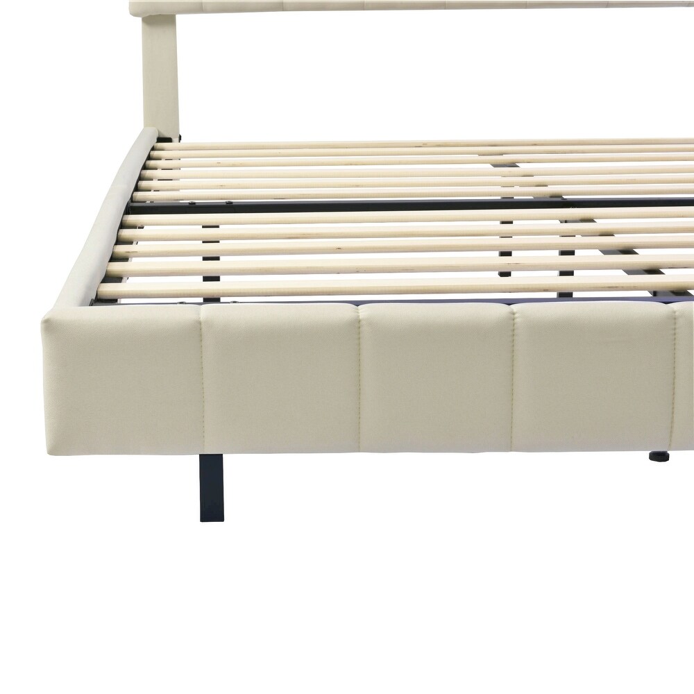 Floating Bed Frame with LED Lights and USB Charging Modern Upholstered Platform LED Bed Frame