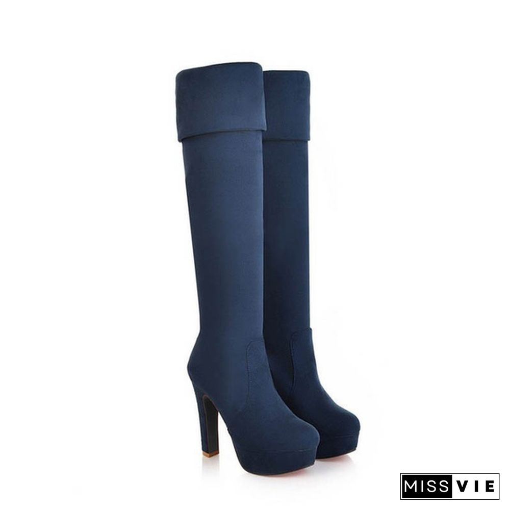 The New Autumn/winter Thigh-high Boots with Three Styles of Wear, Elastic and Matted Waterproof Platform, High-heel, Chunky-heel and Over-the-knee Boots Size 34-48