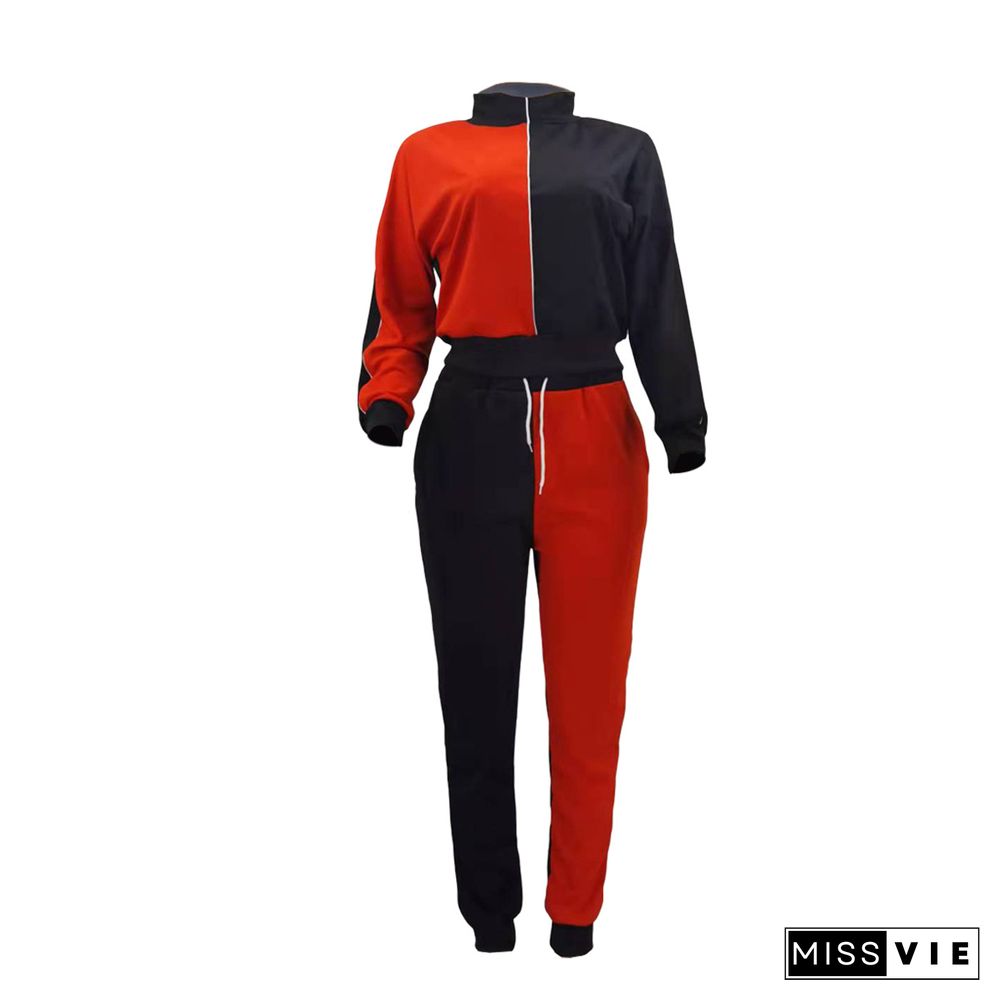 Color Contrast Zip Jacket Sporty Pants Two Piece Set