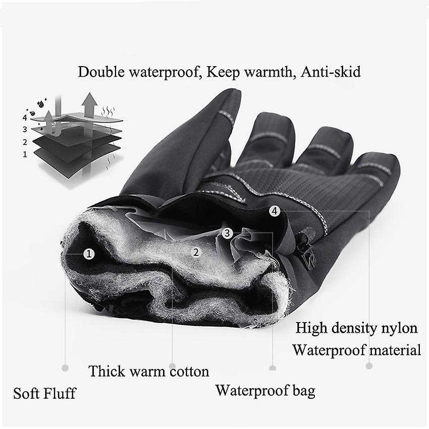 Winter Waterproof Gloves Windproof Anti-slip Zipper Large Men Sport Riding Skiing Warm Fluff Comfortable Black Gloves Thickening