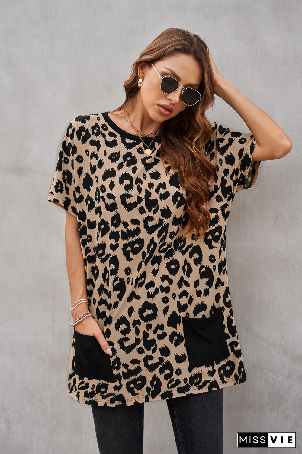 Leopard Print Pocketed T-shirt Mini Dress