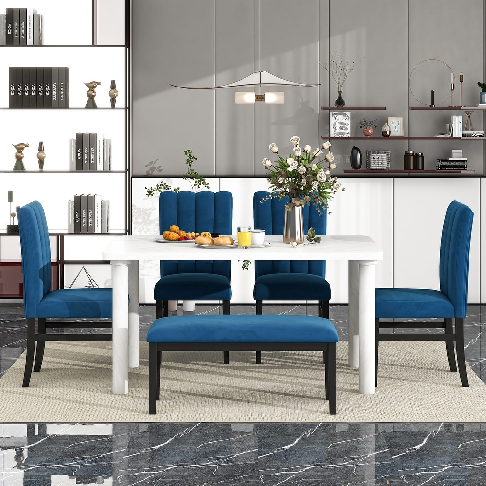 Modern 6 Piece Dining Set with Marble Veneer Table and Tufted Upholstered Dining Chairs and Upholstered Bench  for Dining Room