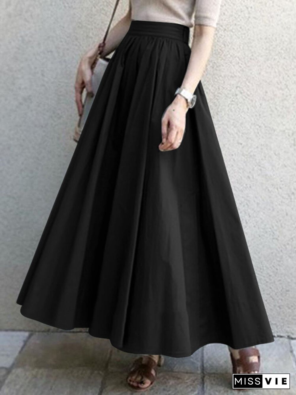 Solid A-line Swing Elastic Waist Skirt For Women